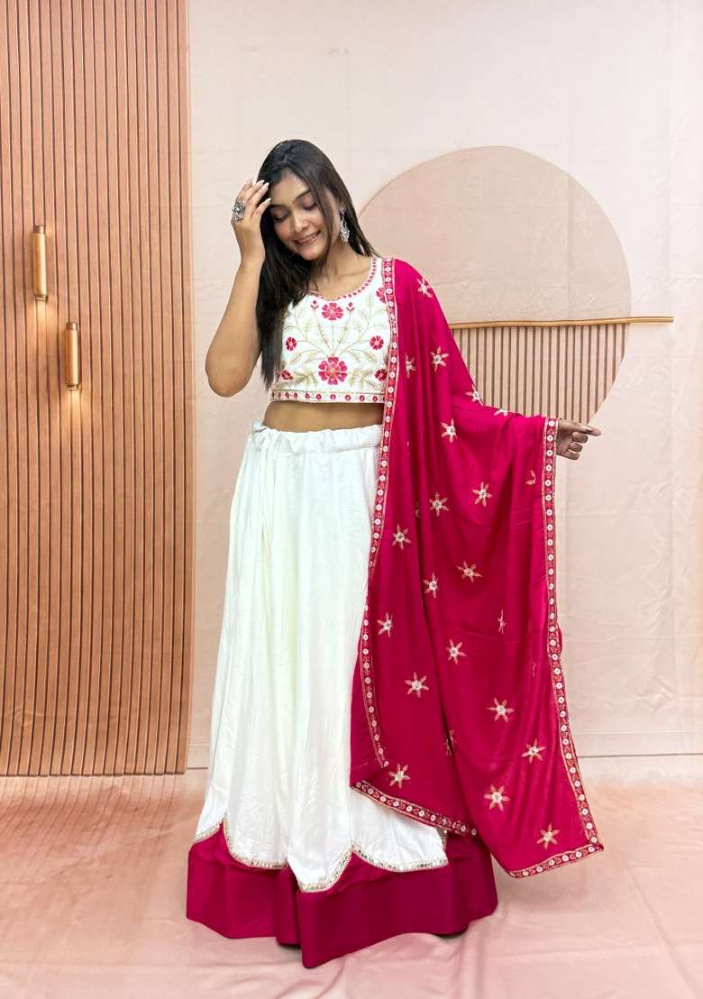 Off White And Magenta Pink Embroidered Cotton Navratri Lehenga Set for Diwali and Festive Wear - Indya