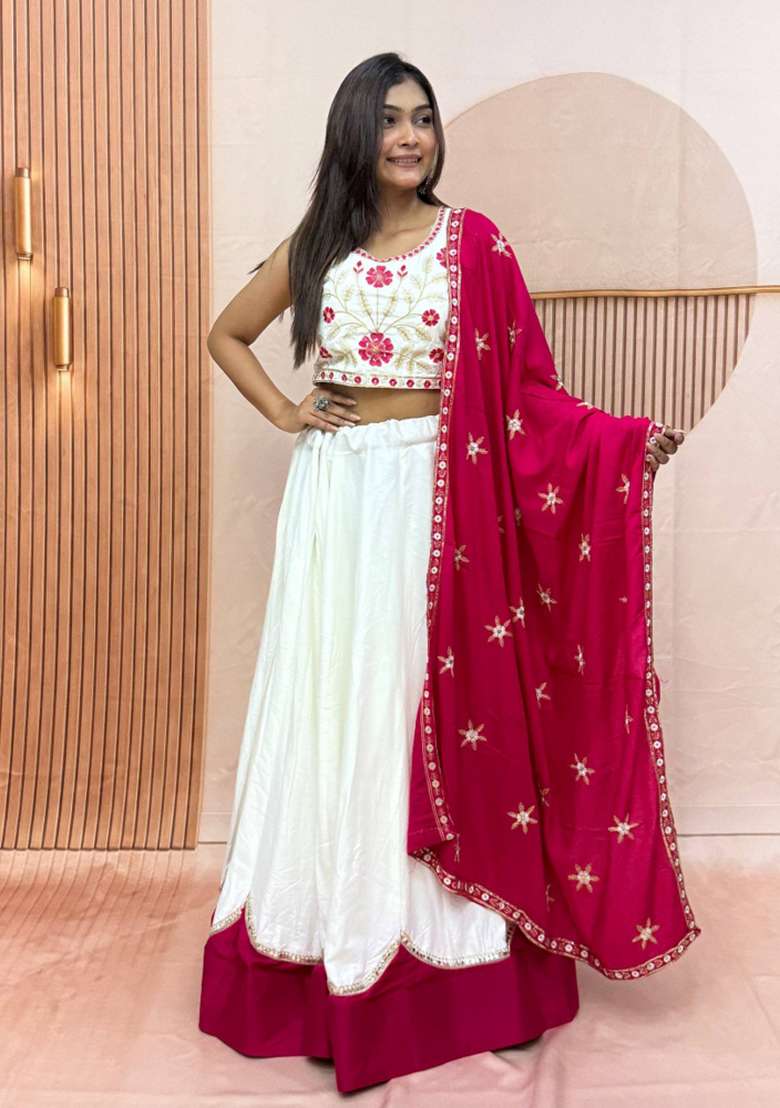 Off White And Magenta Pink Embroidered Cotton Navratri Lehenga Set for Diwali and Festive Wear - Indya