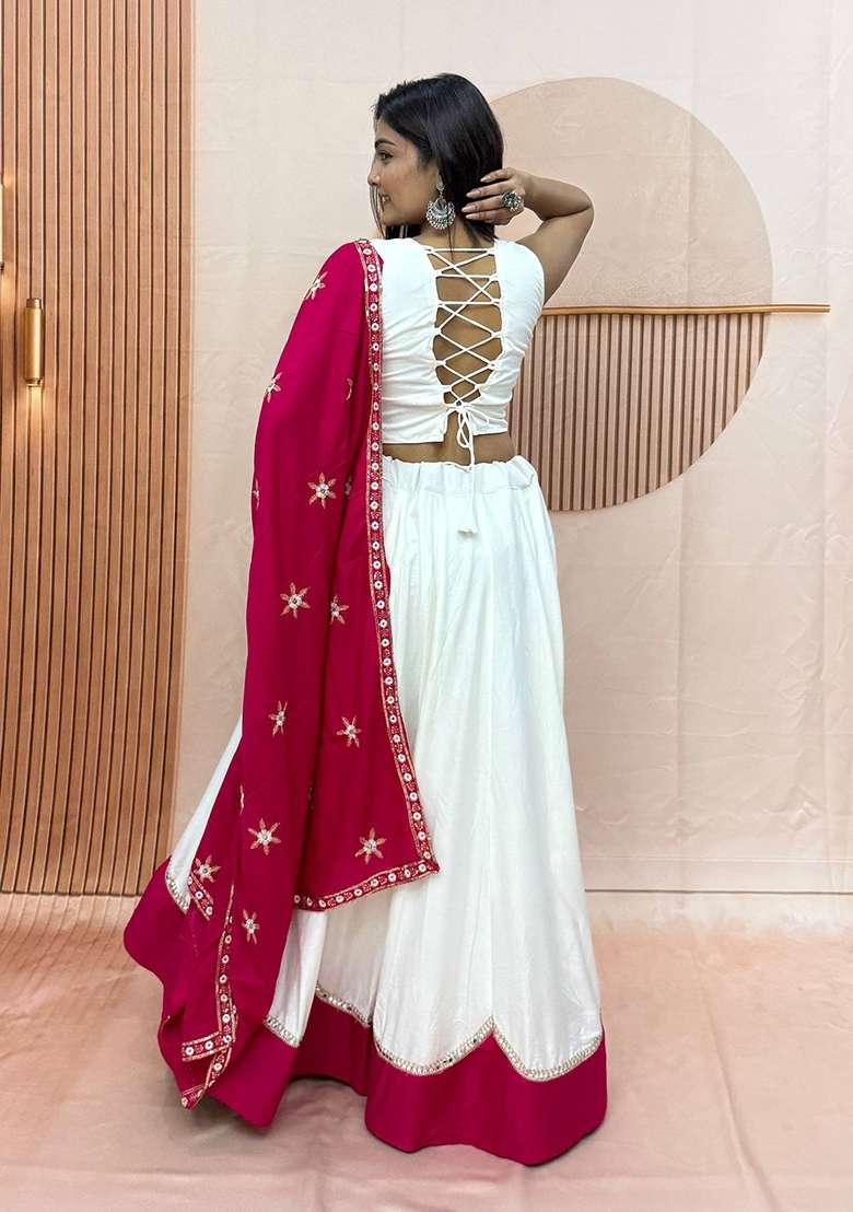 Off White And Magenta Pink Embroidered Cotton Navratri Lehenga Set for Diwali and Festive Wear - Indya