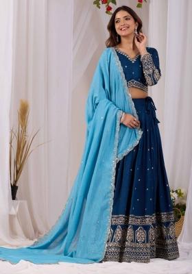 Navy Blue And Sky Blue Embroidered Vichitra Navratri Lehenga Set