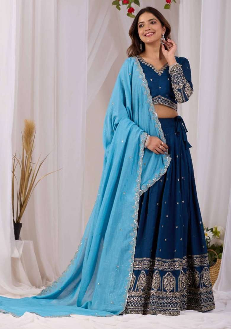 Navy Blue And Sky Blue Vichitra Navratri Lehenga Set with Embroidered for Diwali | Wedding & Festive Wear - Indya