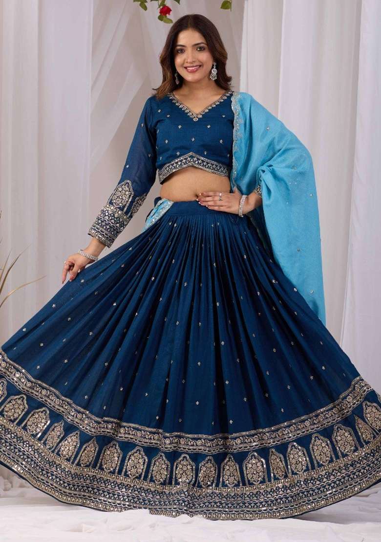Navy Blue And Sky Blue Vichitra Navratri Lehenga Set with Embroidered for Diwali | Wedding & Festive Wear - Indya