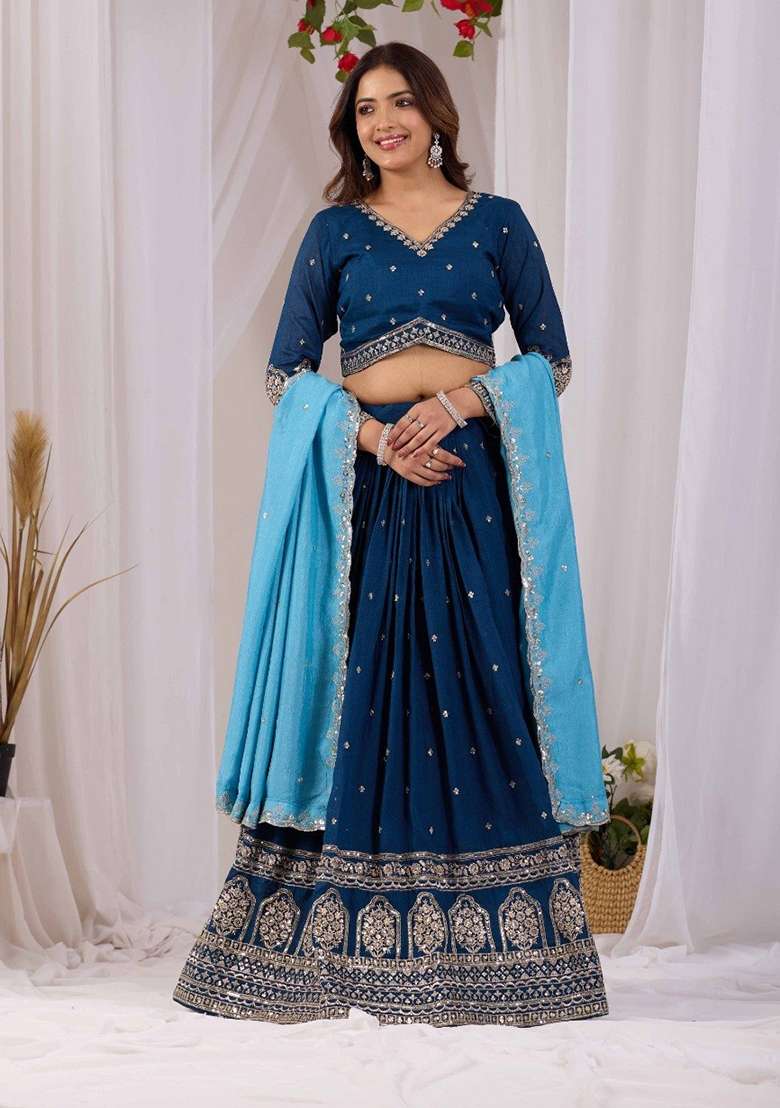 Navy Blue And Sky Blue Vichitra Navratri Lehenga Set with Embroidered for Diwali | Wedding & Festive Wear - Indya