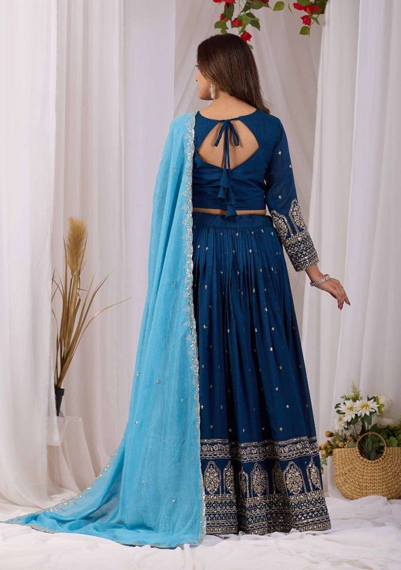 Navy Blue And Sky Blue Vichitra Navratri Lehenga Set with Embroidered for Diwali | Wedding & Festive Wear - Indya