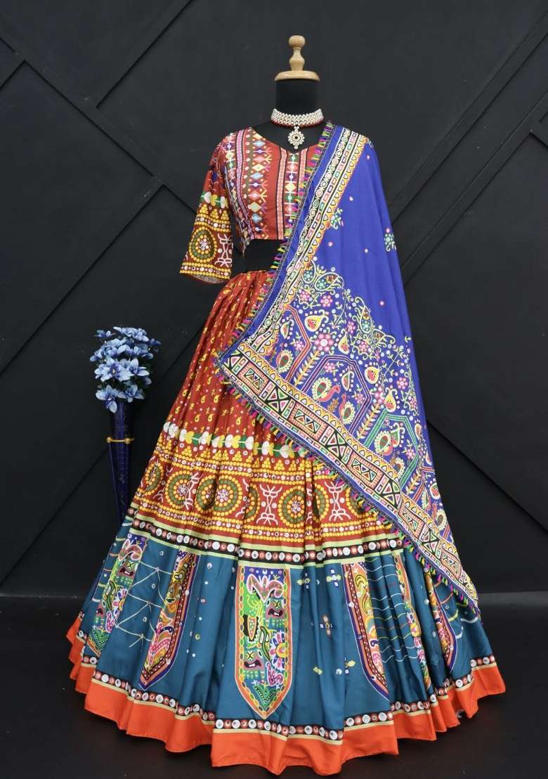 Multicolor Printed Silk Navratri Lehenga Set for Diwali and Festive Wear - Indya