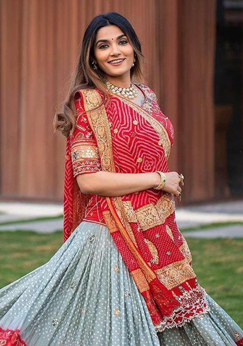 Coral Red And Powder Blue Silk Navratri Lehenga Set with Printed for Diwali | Wedding & Festive Wear - Indya