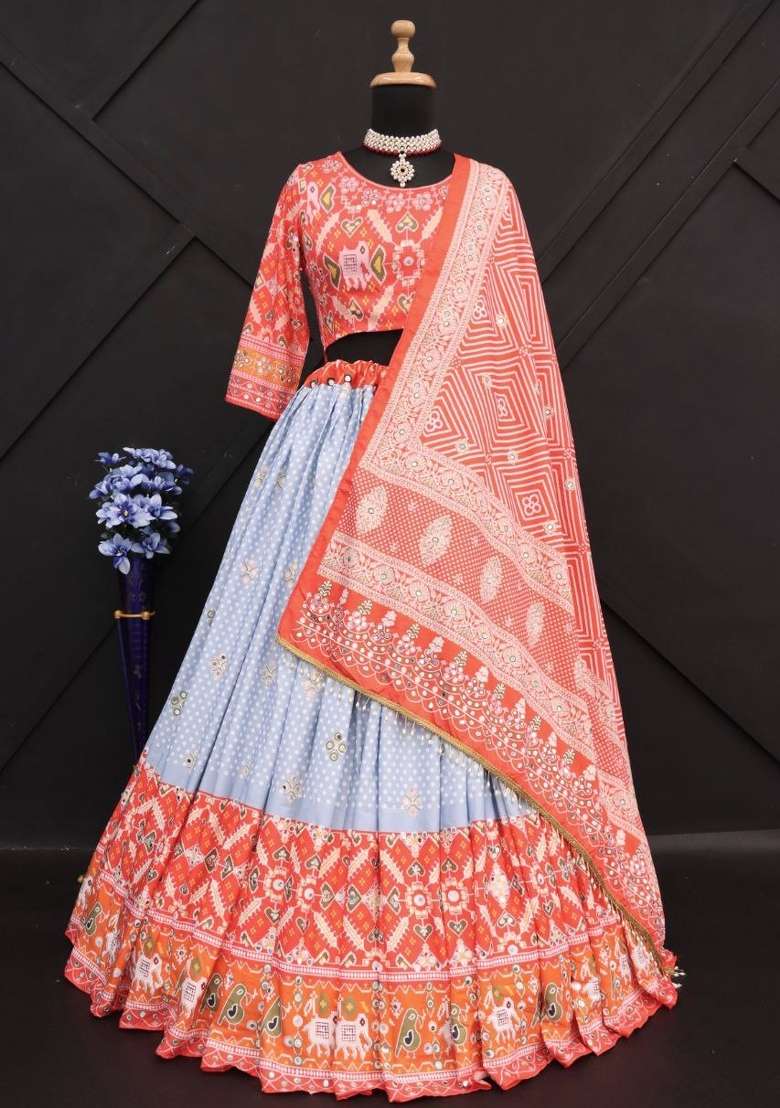 Coral Red And Powder Blue Silk Navratri Lehenga Set with Printed for Diwali | Wedding & Festive Wear - Indya