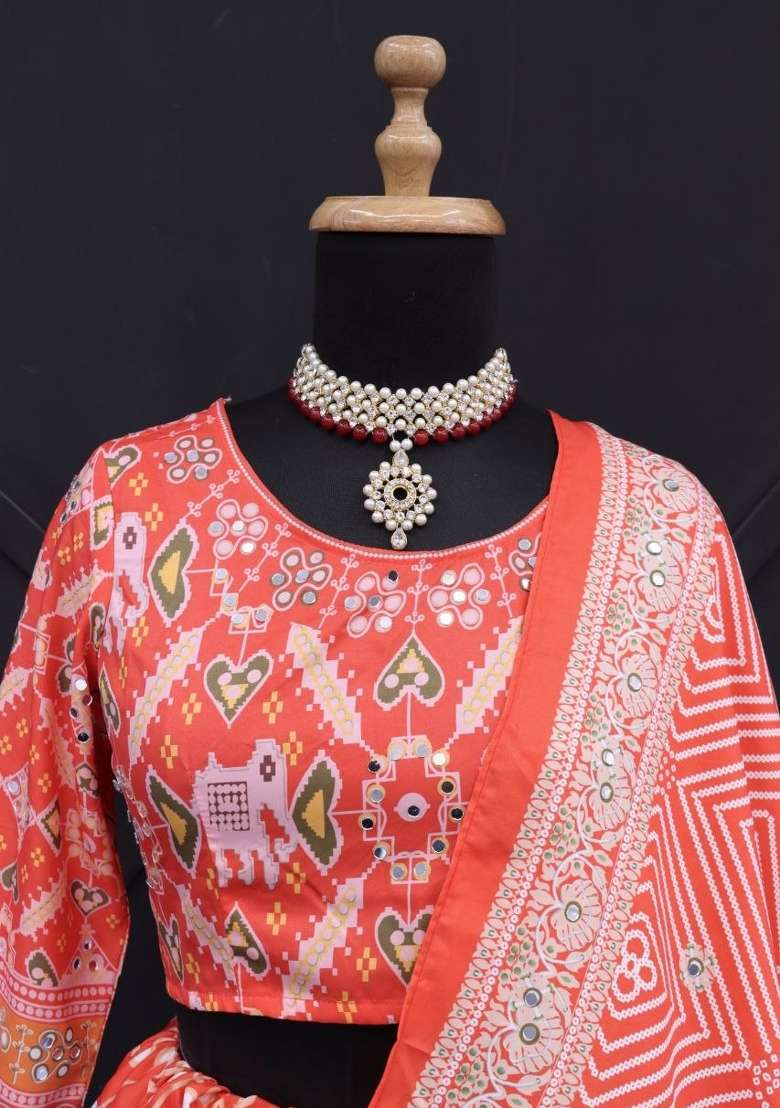 Coral Red And Powder Blue Silk Navratri Lehenga Set with Printed for Diwali | Wedding & Festive Wear - Indya
