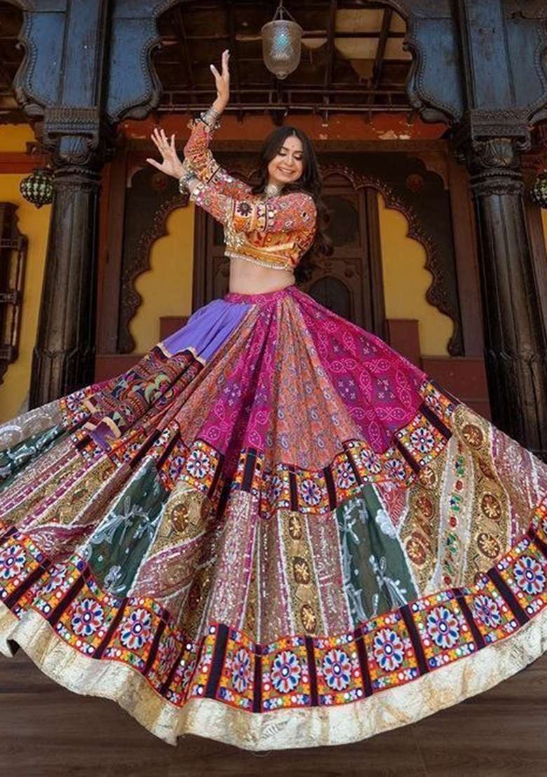 Multicolor Silk Navratri Lehenga Set with Printed for Diwali | Wedding & Festive Wear - Indya