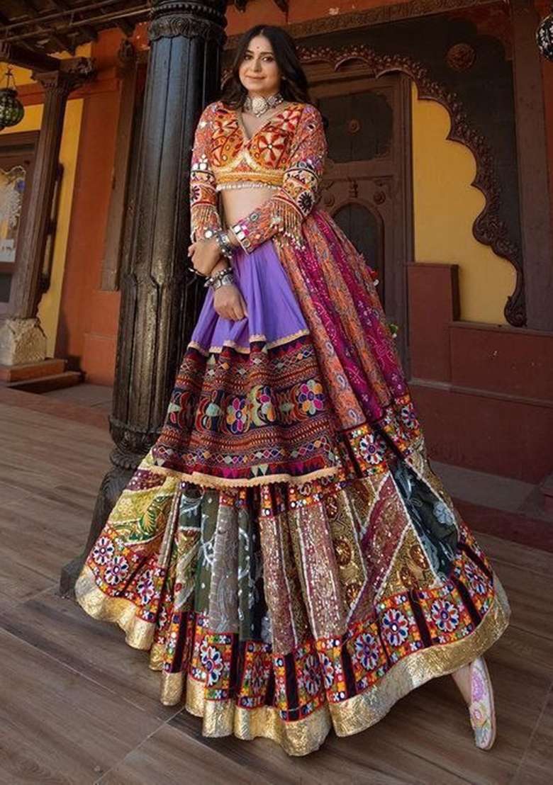 Multicolor Silk Navratri Lehenga Set with Printed for Diwali | Wedding & Festive Wear - Indya