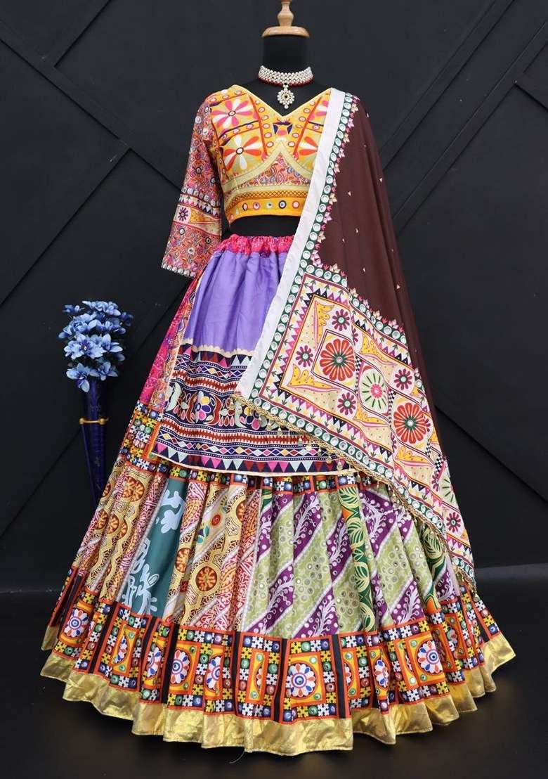 Multicolor Silk Navratri Lehenga Set with Printed for Diwali | Wedding & Festive Wear - Indya