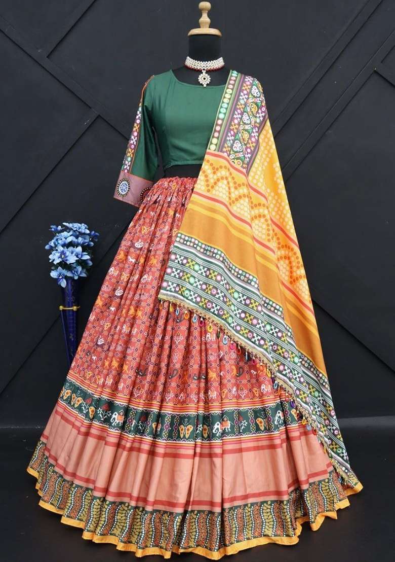 Multicolor Silk Navratri Lehenga Set with Printed for Diwali | Wedding & Festive Wear - Indya