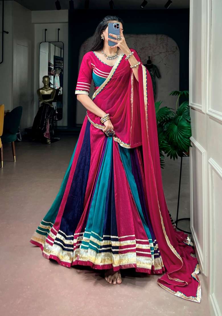 Maroon Gotta Patti Chinon Lehenga Set - Indya