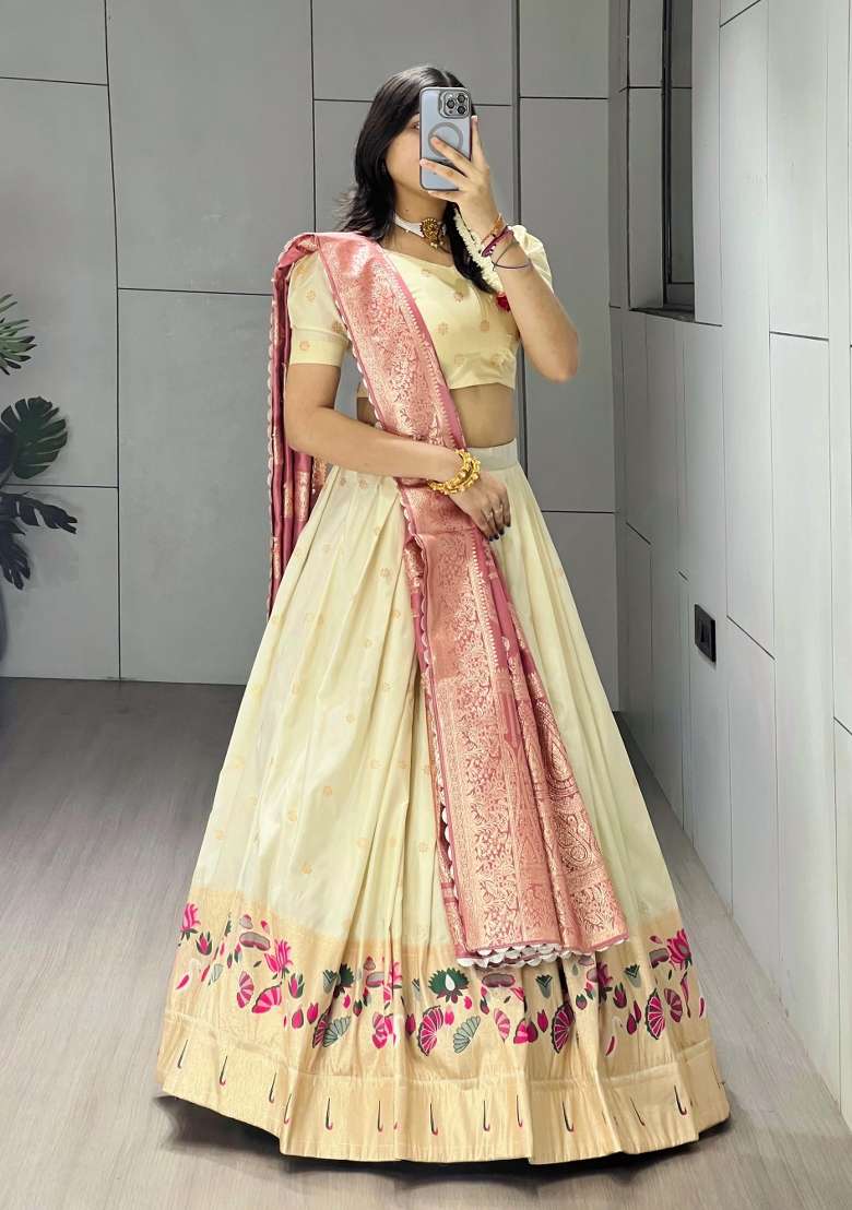 Pink Weaving Work Silk Lehenga Set - Indya