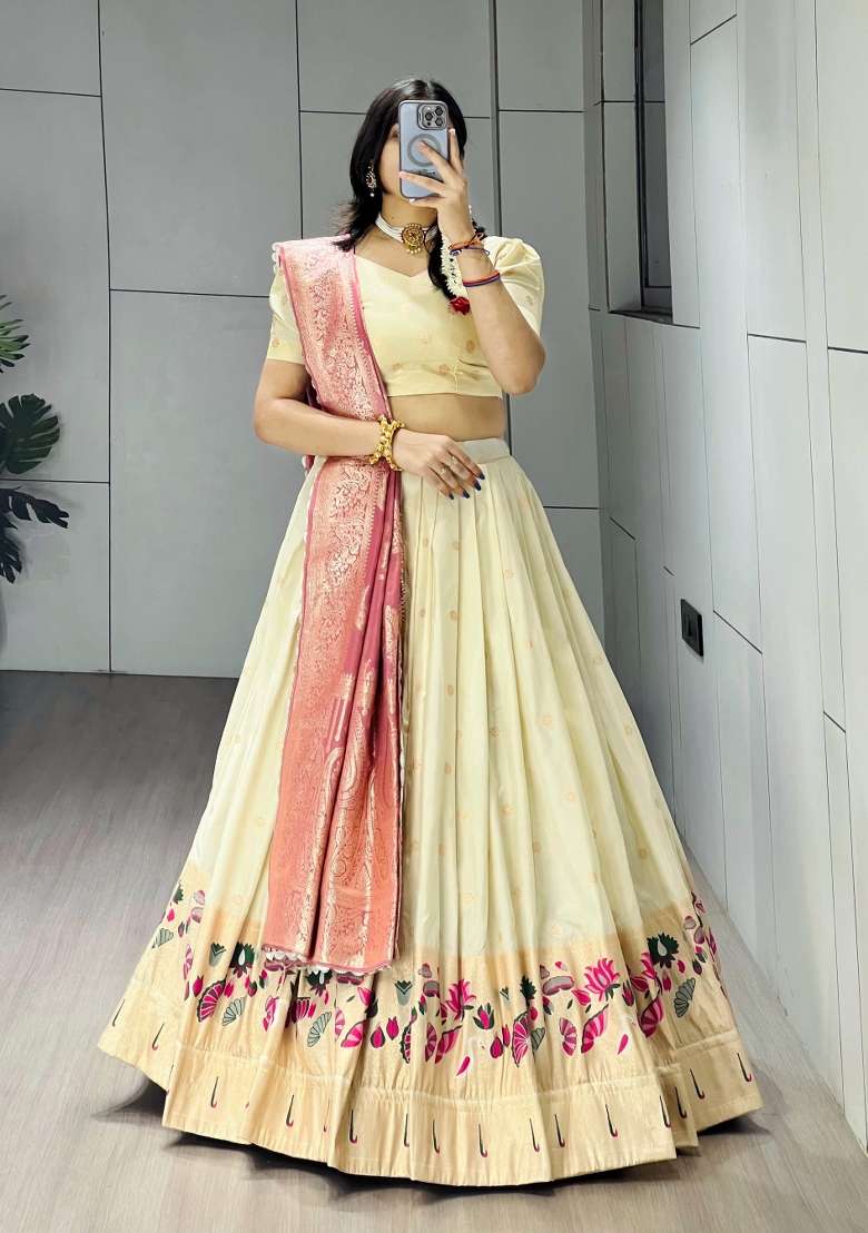Pink Weaving Work Silk Lehenga Set - Indya