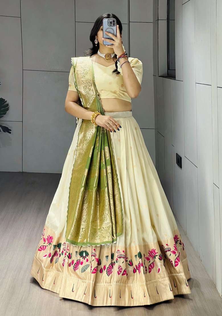Green Weaving Work Silk Lehenga Set - Indya