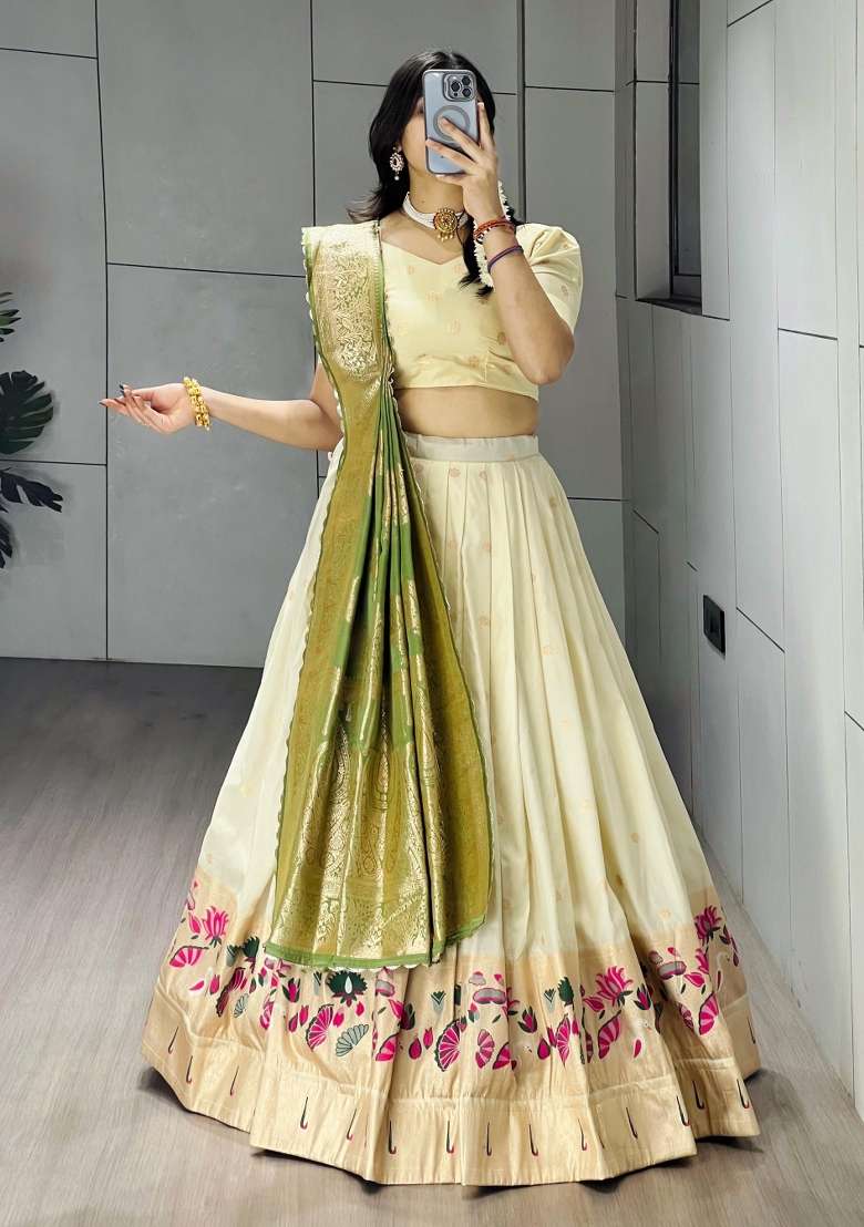 Green Weaving Work Silk Lehenga Set - Indya