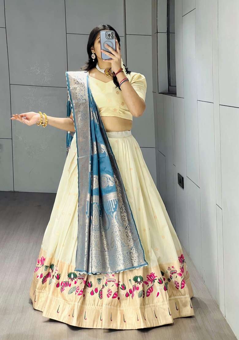 Firozi Weaving Work Silk Lehenga Set - Indya