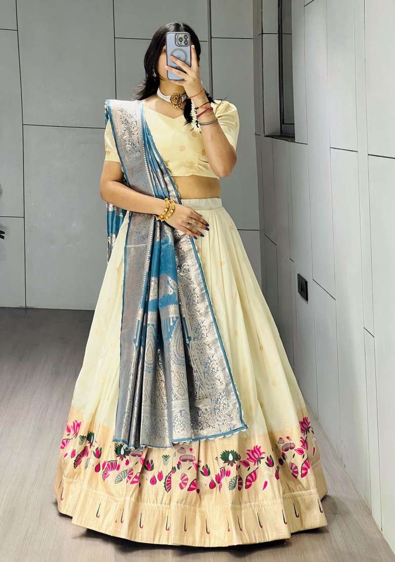 Firozi Weaving Work Silk Lehenga Set - Indya