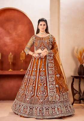 Orange Embroidered Net Lehenga Set