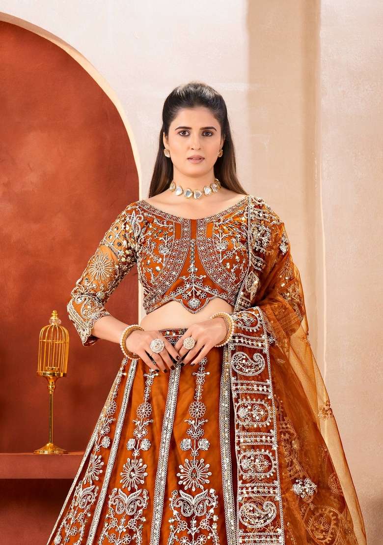 Orange Embroidered Net Lehenga Set - Indya