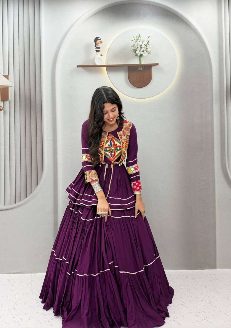 Purple Gamthi Work Cotton Lehenga Set - Indya