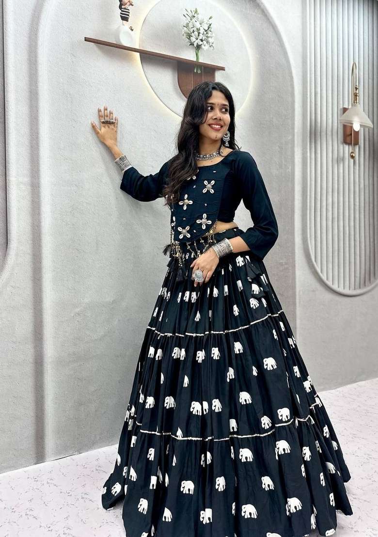 Black Handwork Cotton Lehenga Set - Indya