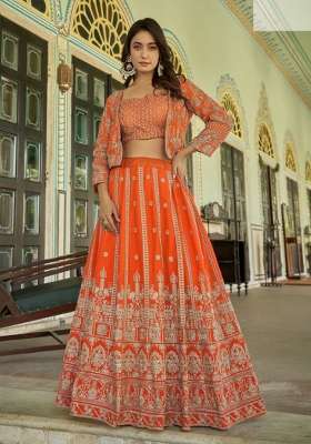 Orange Chinon Lehenga Set with Embroidered for Diwali | Wedding & Festive Wear