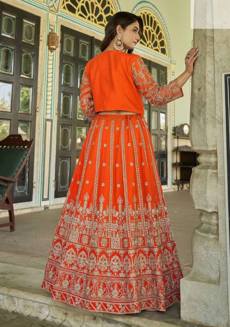 Orange Chinon Lehenga Set with Embroidered for Diwali | Wedding & Festive Wear - Indya
