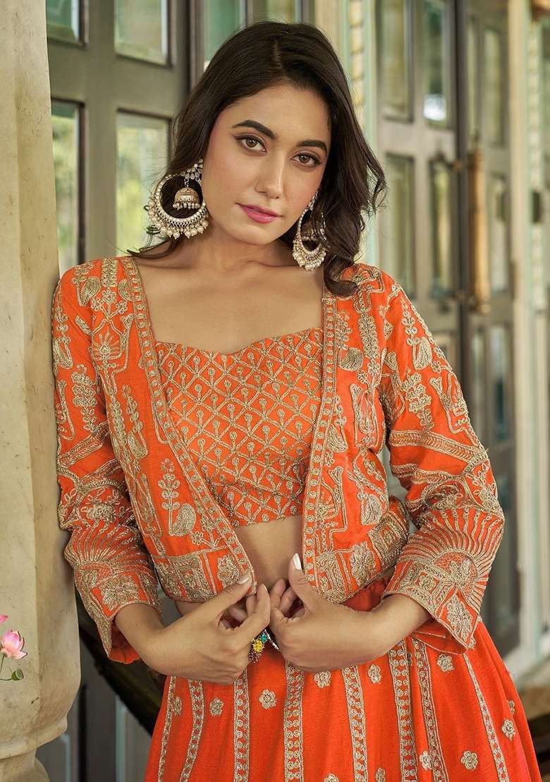 Orange Chinon Lehenga Set with Embroidered for Diwali | Wedding & Festive Wear - Indya