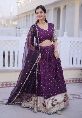 Wine Embroidered Silk Lehenga Set for Diwali and Festive Wear