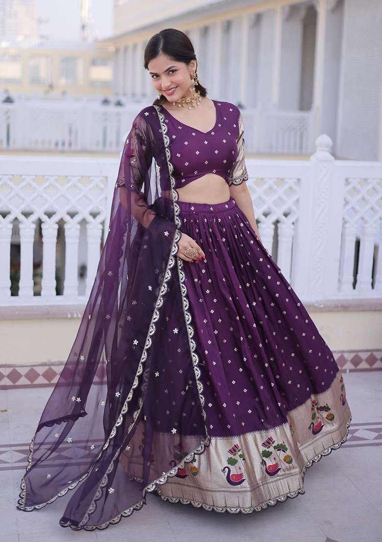 Wine Embroidered Silk Lehenga Set for Diwali and Festive Wear - Indya