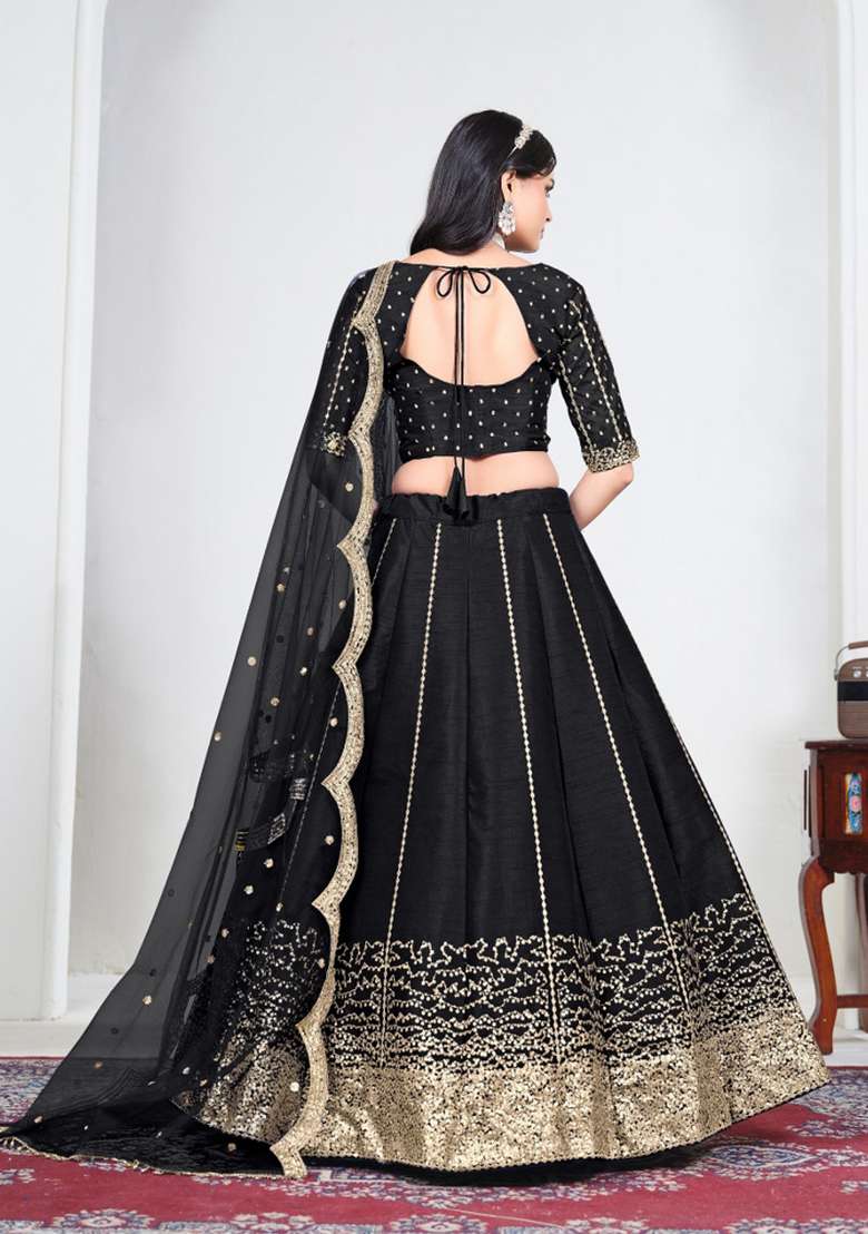 Black Embroidered Silk Lehenga Set - Indya