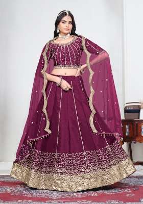 Wine Silk Lehenga Set with Embroidered for Diwali | Wedding & Festive Wear