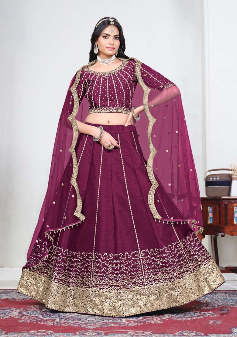 Wine Silk Lehenga Set with Embroidered for Diwali | Wedding & Festive Wear - Indya