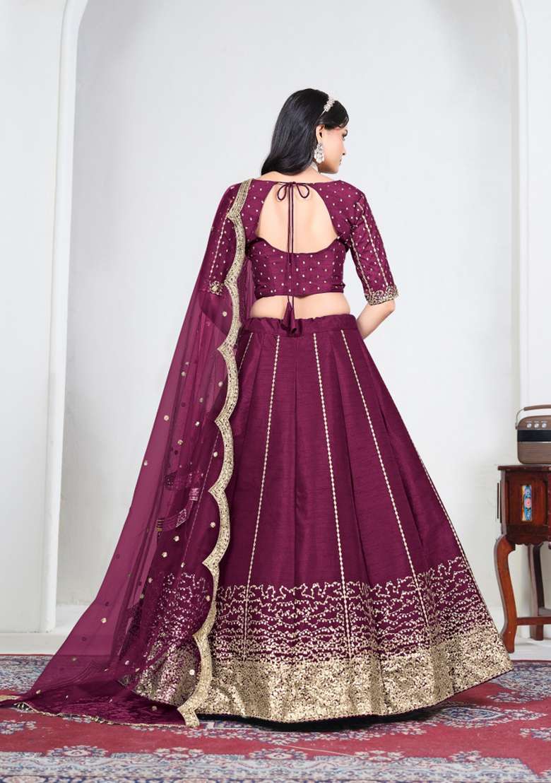 Wine Embroidered Silk Lehenga Set - Indya