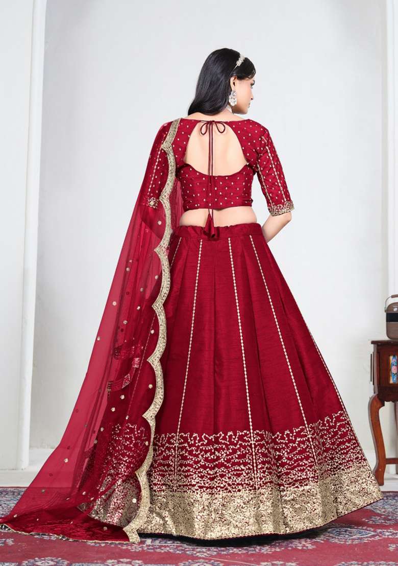 Red Embroidered Silk Lehenga Set - Indya