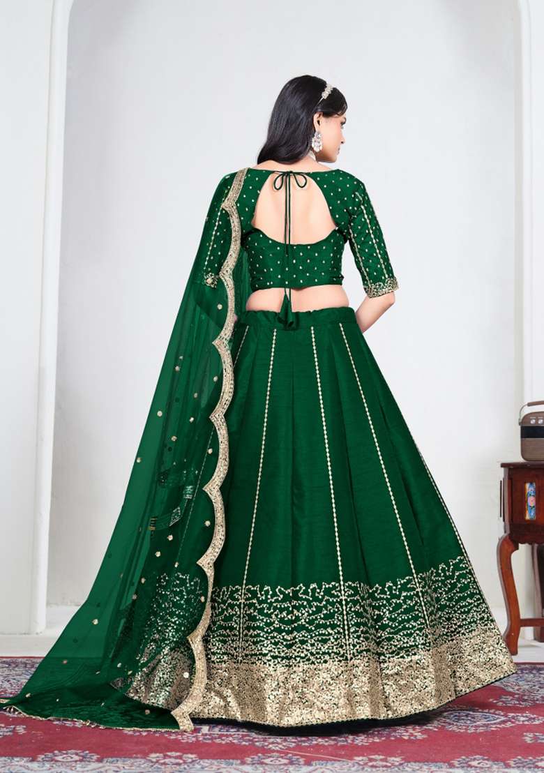 Emerald Embroidered Silk Lehenga Set - Indya