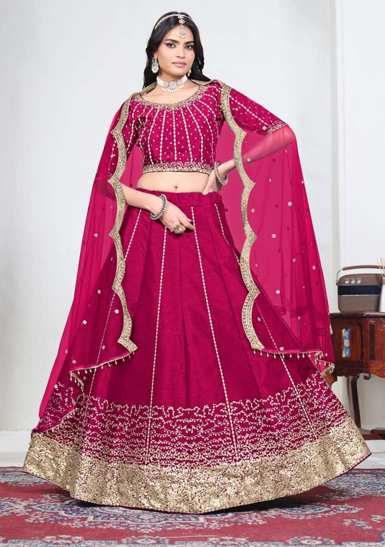 Magenta Silk Lehenga Set with Embroidered for Diwali | Wedding & Festive Wear - Indya