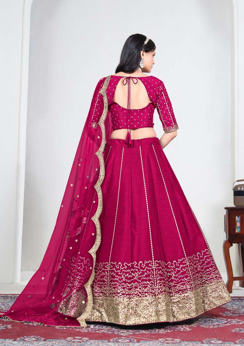 Magenta Embroidered Silk Lehenga Set - Indya
