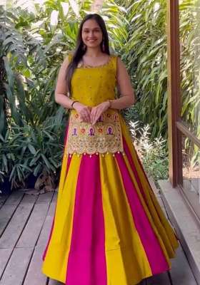 Pink And Mustard Sequin Work Silk Lehenga Set for Diwali and Festive Wear