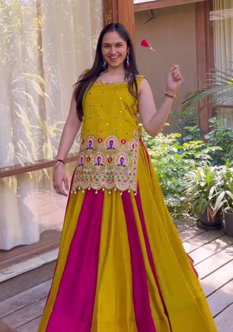 Pink And Mustard Sequin Work Silk Lehenga Set - Indya