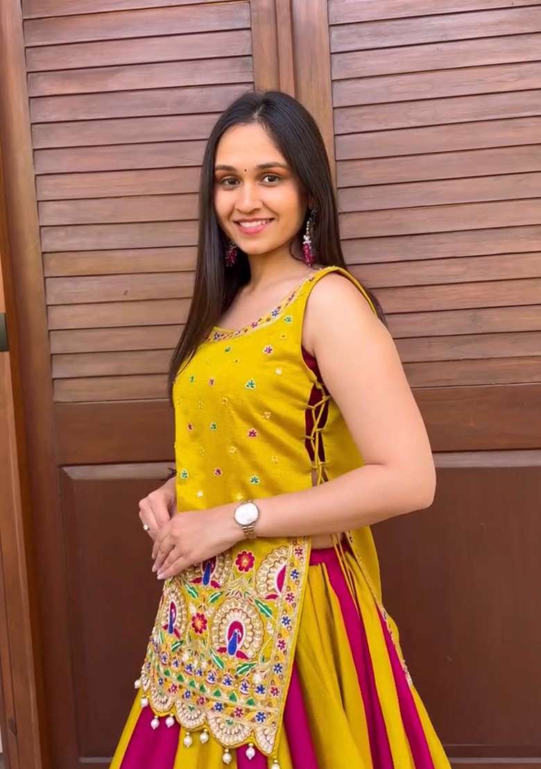 Pink And Mustard Sequin Work Silk Lehenga Set - Indya