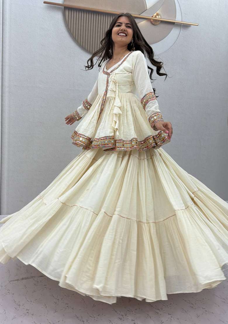 White Cotton Lehenga Set - Indya