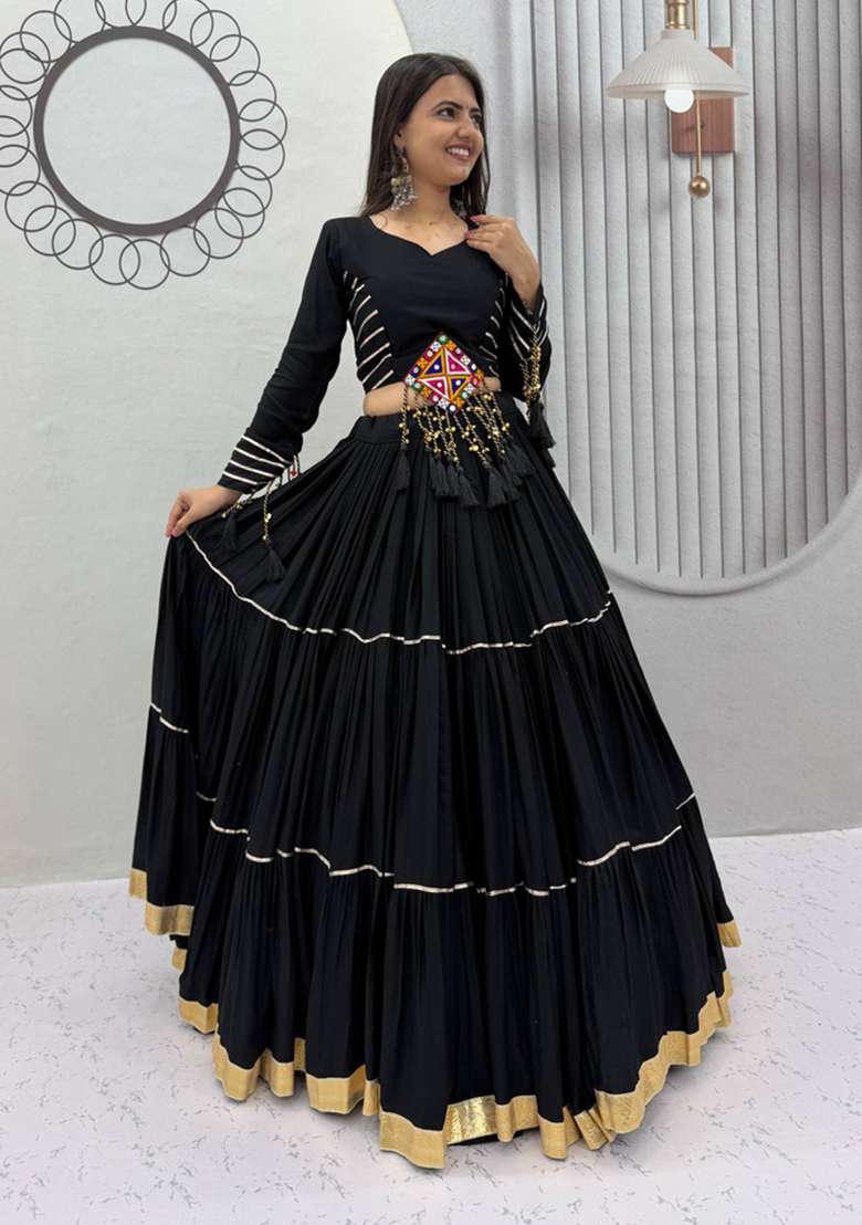 Black Cotton Lehenga Set - Indya