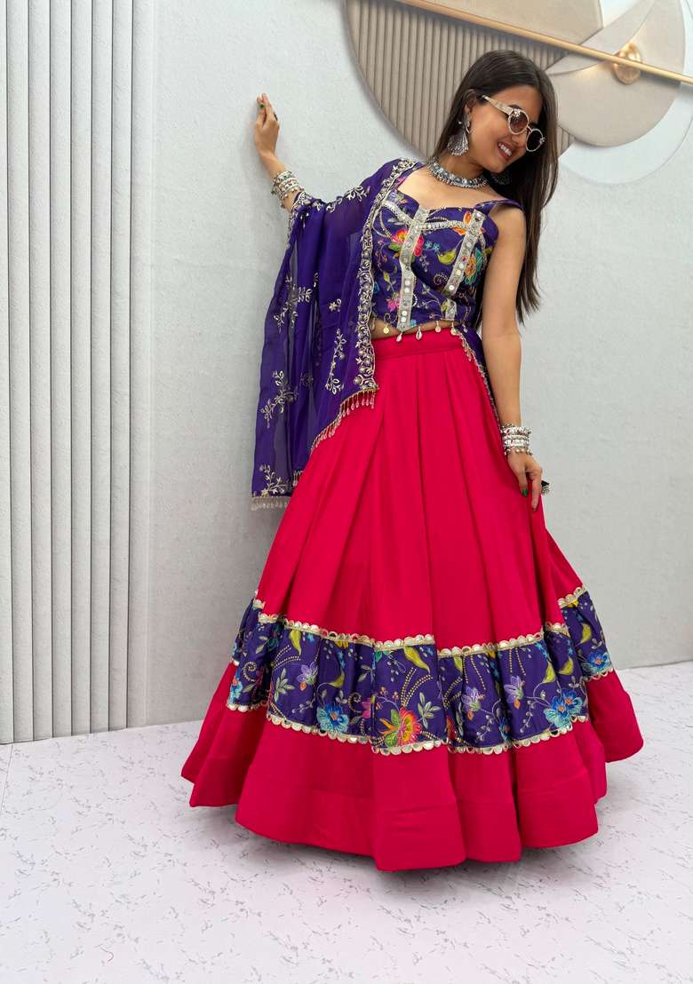 Rani Pink Silk Lehenga Set with Printed for Diwali | Wedding & Festive Wear - Indya