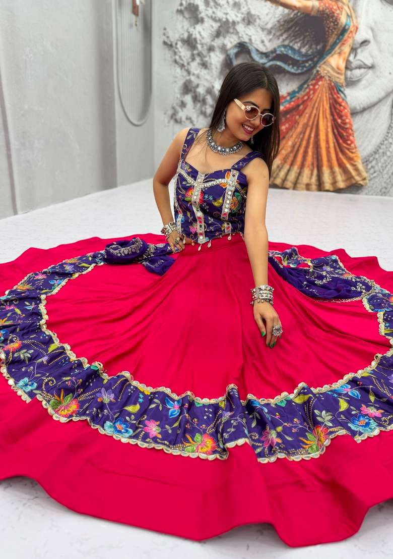 Rani Pink Silk Lehenga Set with Printed for Diwali | Wedding & Festive Wear - Indya
