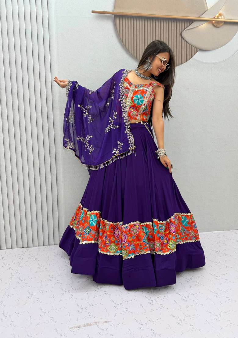 Purple Printed Silk Lehenga Set - Indya