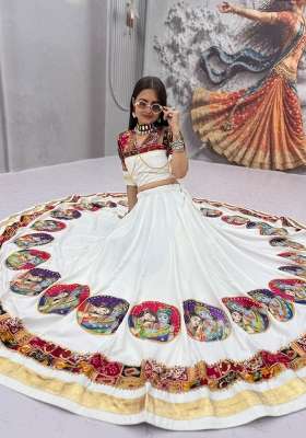 White Printed Cotton Lehenga Set for Diwali and Festive Wear
