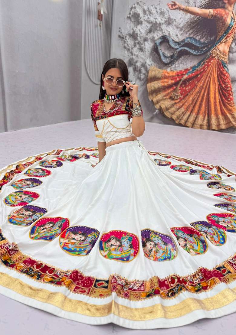 White Printed Cotton Lehenga Set for Diwali and Festive Wear - Indya